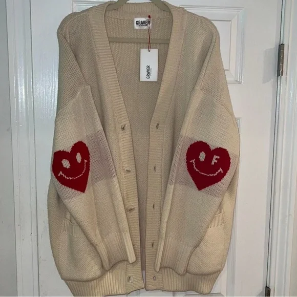 Graver of Anaheim Unisex Elbow Heart Smile Cardigan Sweater - Picture 3 of 6